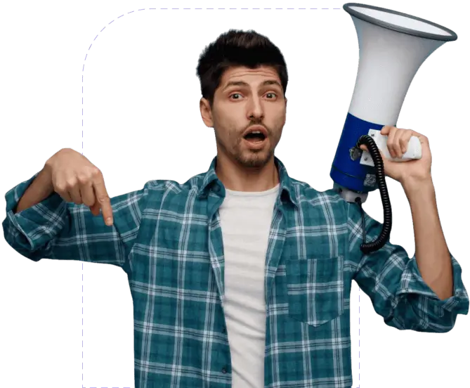 A man with a megaphone pointing toward your next move